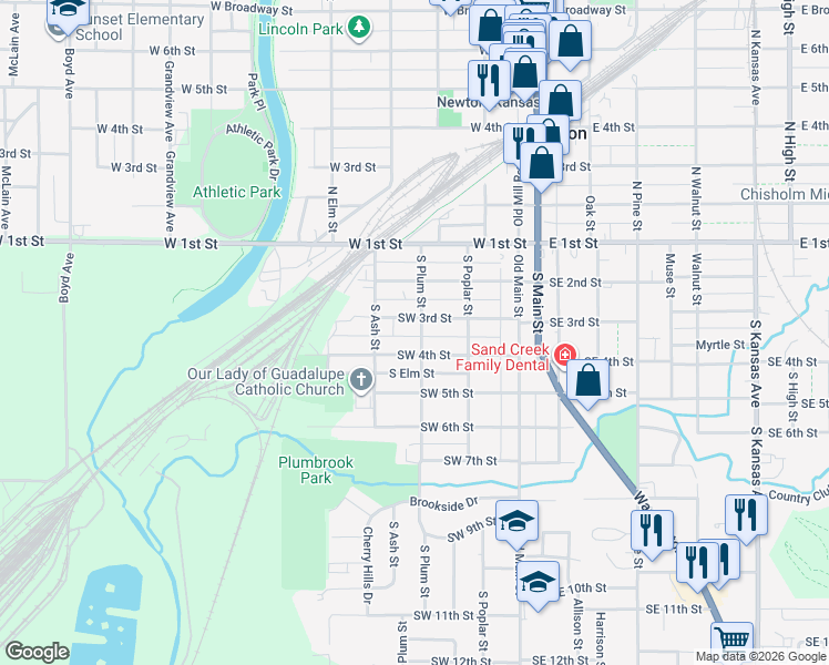 map of restaurants, bars, coffee shops, grocery stores, and more near 305 South Plum Street in Newton