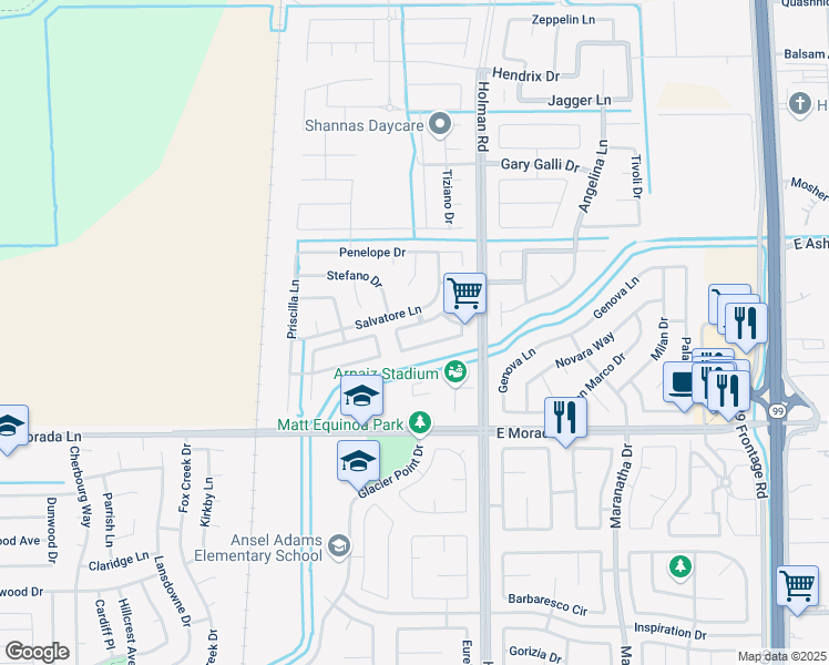 map of restaurants, bars, coffee shops, grocery stores, and more near 3403 Costantino Circle in Stockton