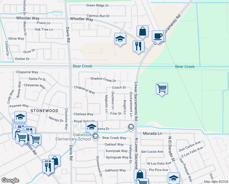 map of restaurants, bars, coffee shops, grocery stores, and more near 1041 Armor Drive in Stockton