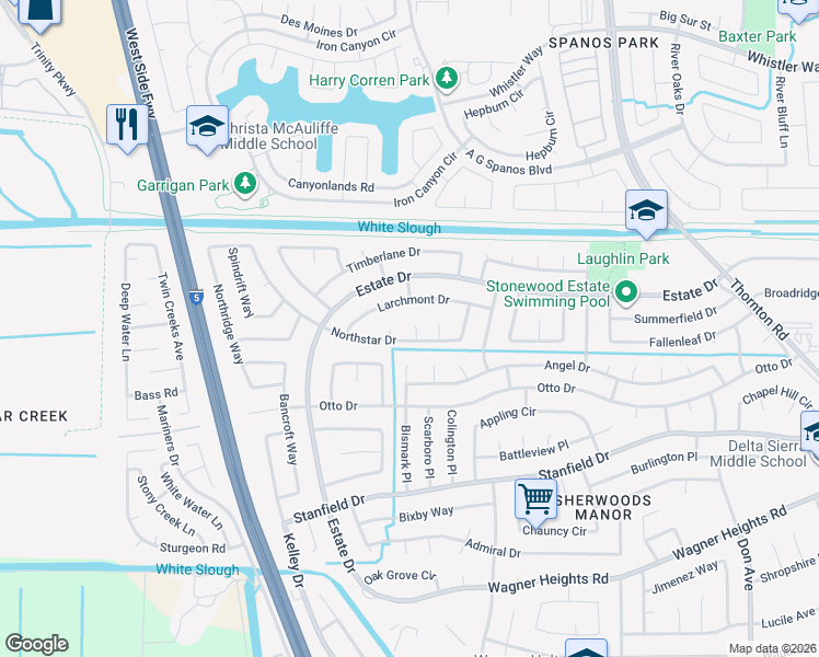 map of restaurants, bars, coffee shops, grocery stores, and more near 9733 Northstar Court in Stockton