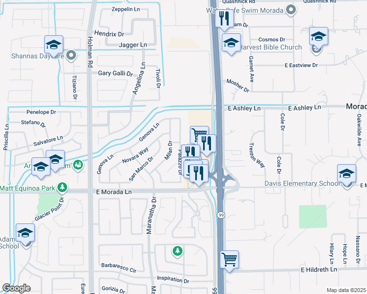 map of restaurants, bars, coffee shops, grocery stores, and more near 9716 Palazzo Drive in Stockton