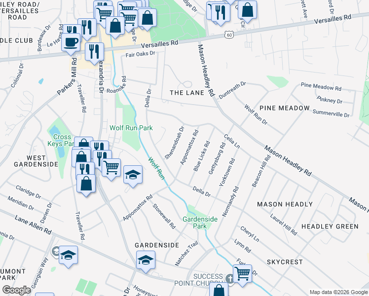 map of restaurants, bars, coffee shops, grocery stores, and more near 1725 Appomattox Road in Lexington