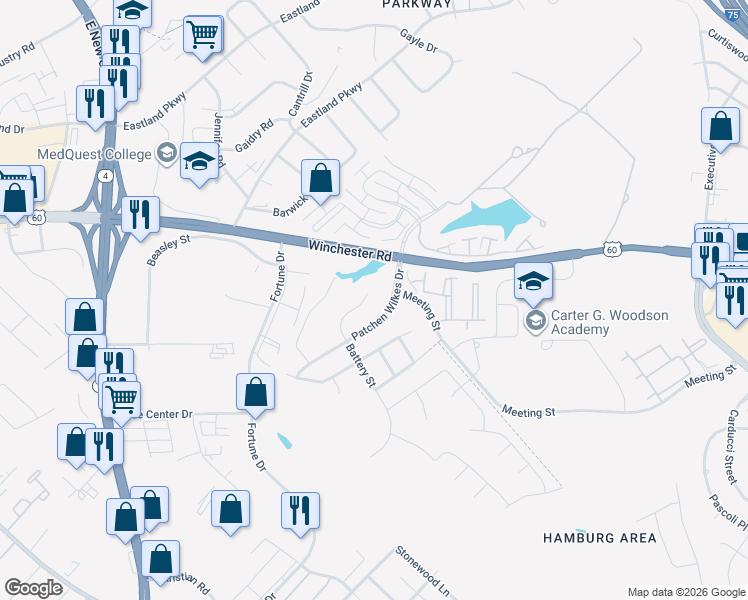 map of restaurants, bars, coffee shops, grocery stores, and more near 2331 Patchen Wilkes Drive in Lexington