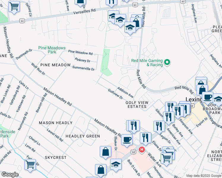 map of restaurants, bars, coffee shops, grocery stores, and more near 707 Golfview Drive in Lexington