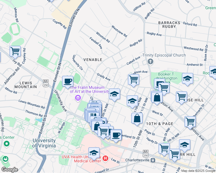 map of restaurants, bars, coffee shops, grocery stores, and more near 1535 Gordon Avenue in Charlottesville