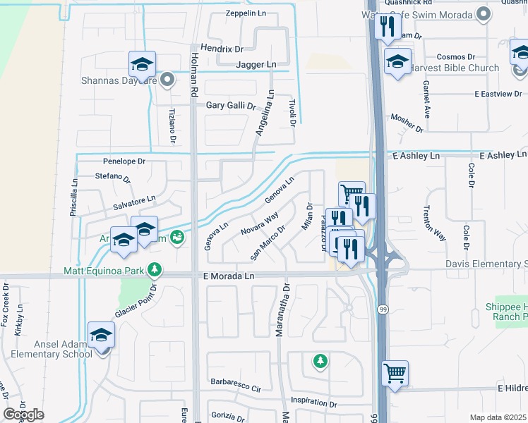 map of restaurants, bars, coffee shops, grocery stores, and more near 3752 Genova Lane in Stockton