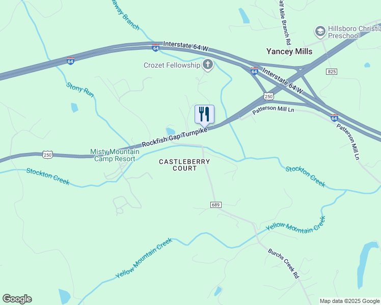 map of restaurants, bars, coffee shops, grocery stores, and more near 6850 Castleberry Court in Crozet