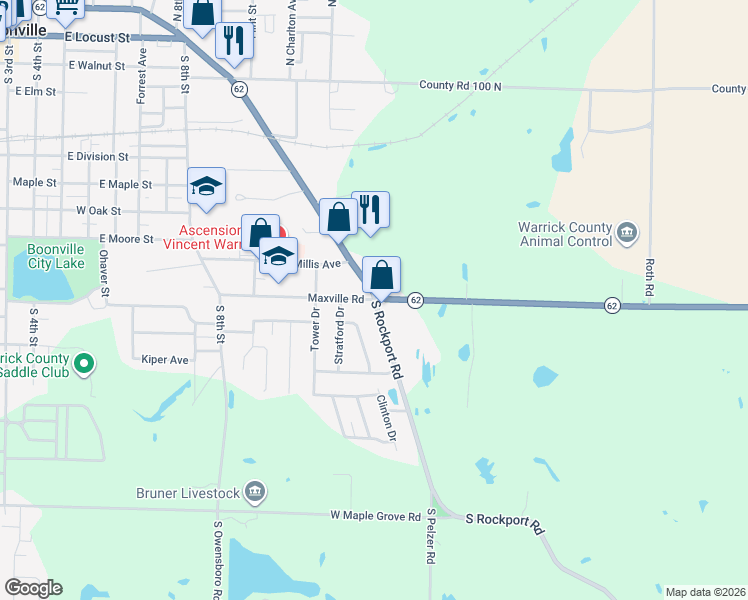 map of restaurants, bars, coffee shops, grocery stores, and more near 1399 Maxville Road in Boonville