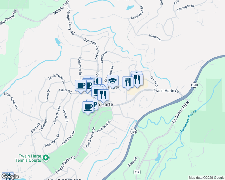 map of restaurants, bars, coffee shops, grocery stores, and more near 20118-20178 Manzanita Drive in Twain Harte