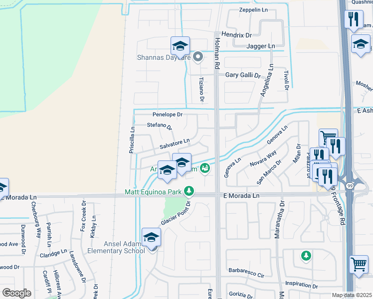 map of restaurants, bars, coffee shops, grocery stores, and more near 3403 Costantino Circle in Stockton