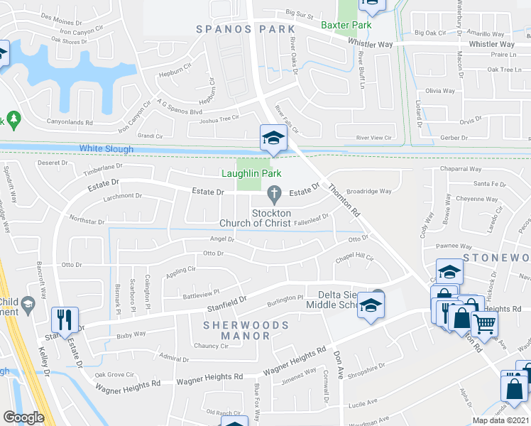 map of restaurants, bars, coffee shops, grocery stores, and more near 2708 Summerfield Drive in Stockton