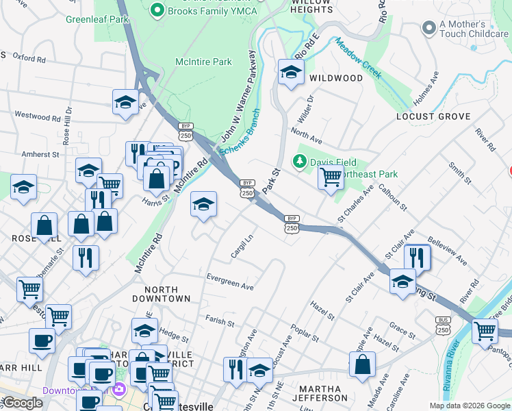 map of restaurants, bars, coffee shops, grocery stores, and more near 806 Park Street in Charlottesville