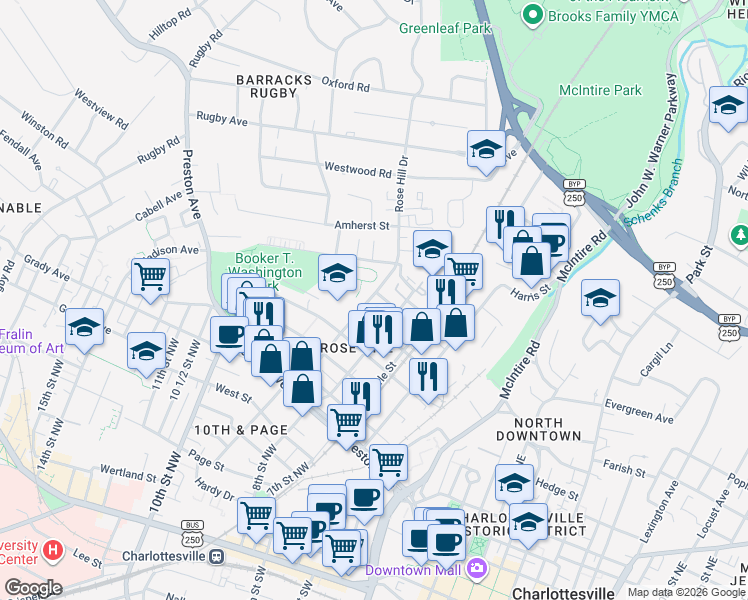 map of restaurants, bars, coffee shops, grocery stores, and more near in Charlottesville