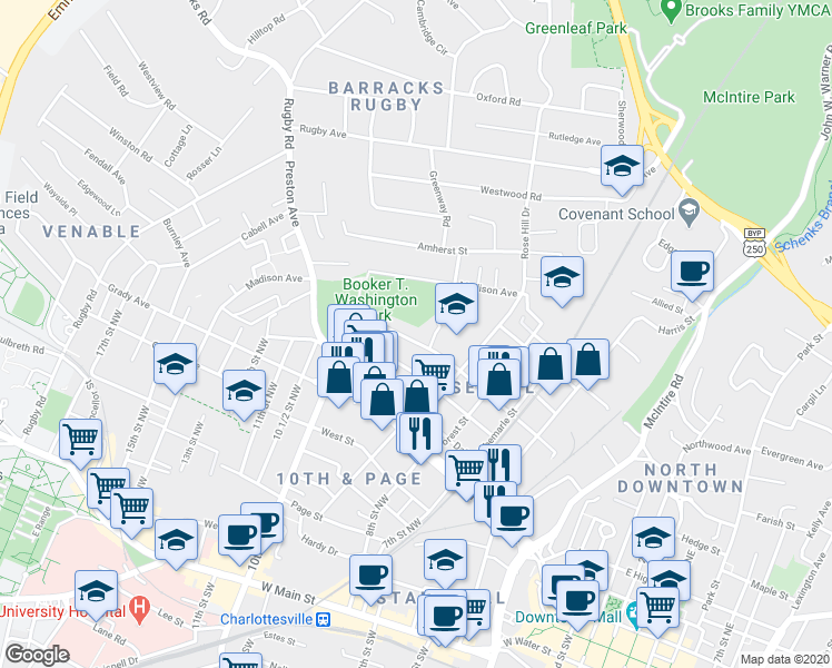 map of restaurants, bars, coffee shops, grocery stores, and more near 919 10th Street Northwest in Charlottesville