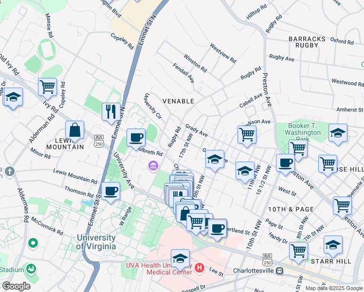 map of restaurants, bars, coffee shops, grocery stores, and more near 210 Rugby Road in Charlottesville