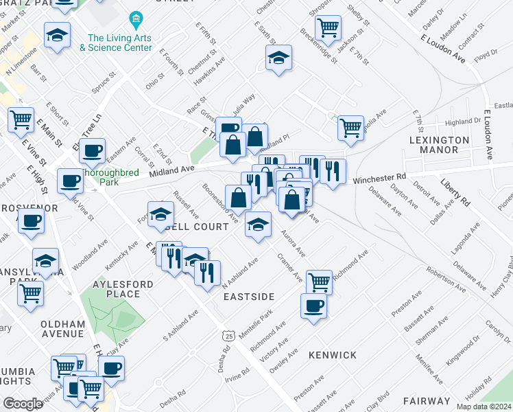 map of restaurants, bars, coffee shops, grocery stores, and more near 219 Walton Avenue in Lexington