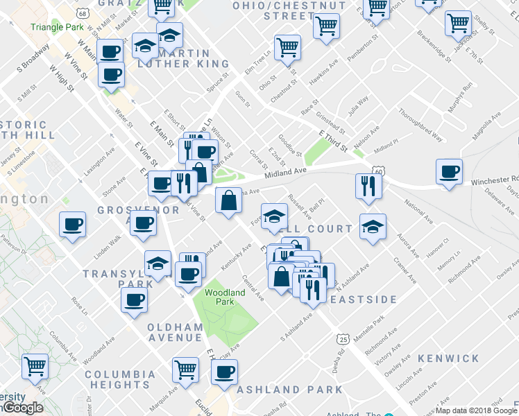 map of restaurants, bars, coffee shops, grocery stores, and more near 137 Forest Avenue in Lexington