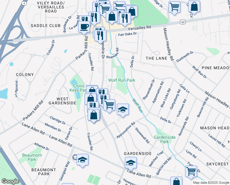map of restaurants, bars, coffee shops, grocery stores, and more near 1674 Maywick View Lane in Lexington