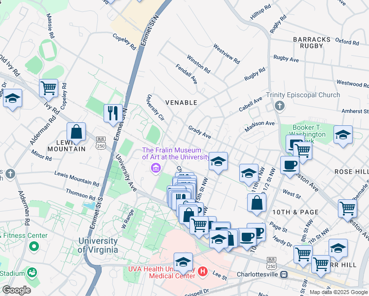 map of restaurants, bars, coffee shops, grocery stores, and more near 419 17th Street Northwest in Charlottesville