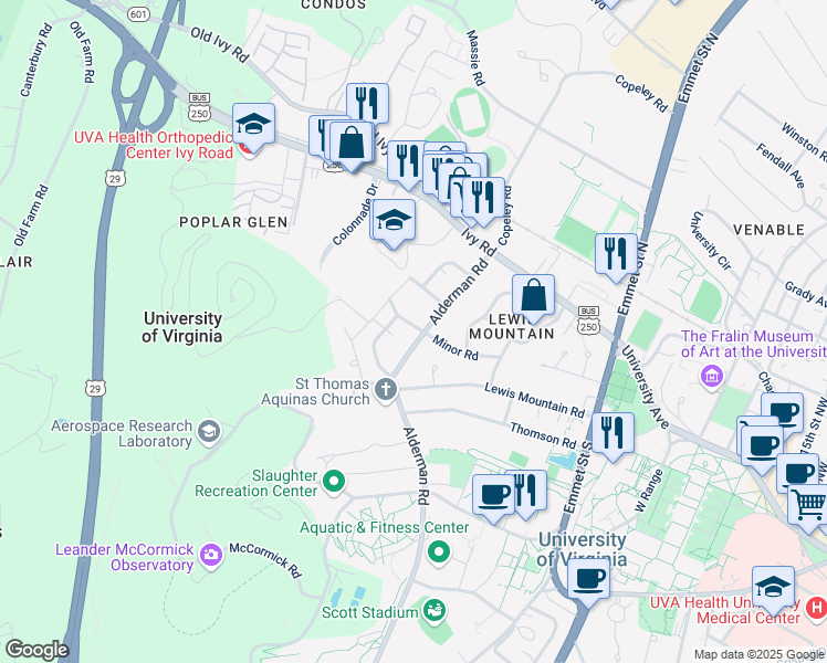 map of restaurants, bars, coffee shops, grocery stores, and more near 303 Alderman Road in Charlottesville
