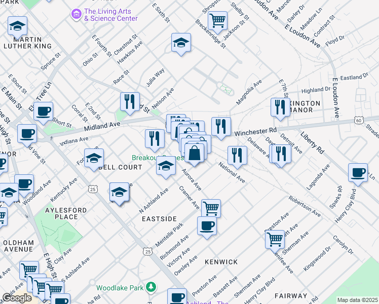 map of restaurants, bars, coffee shops, grocery stores, and more near 730 National Avenue in Lexington