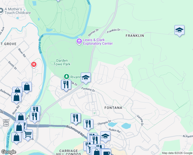 map of restaurants, bars, coffee shops, grocery stores, and more near 1809 Marietta Drive in Charlottesville