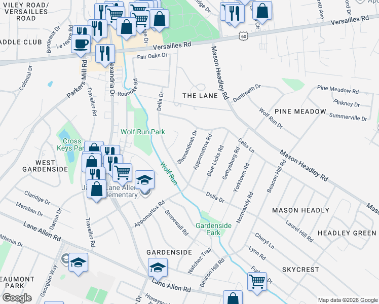 map of restaurants, bars, coffee shops, grocery stores, and more near 1737 Shenandoah Drive in Lexington