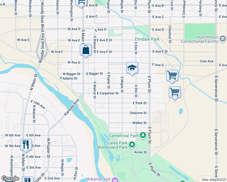 map of restaurants, bars, coffee shops, grocery stores, and more near 210 East Carpenter Street in Hutchinson