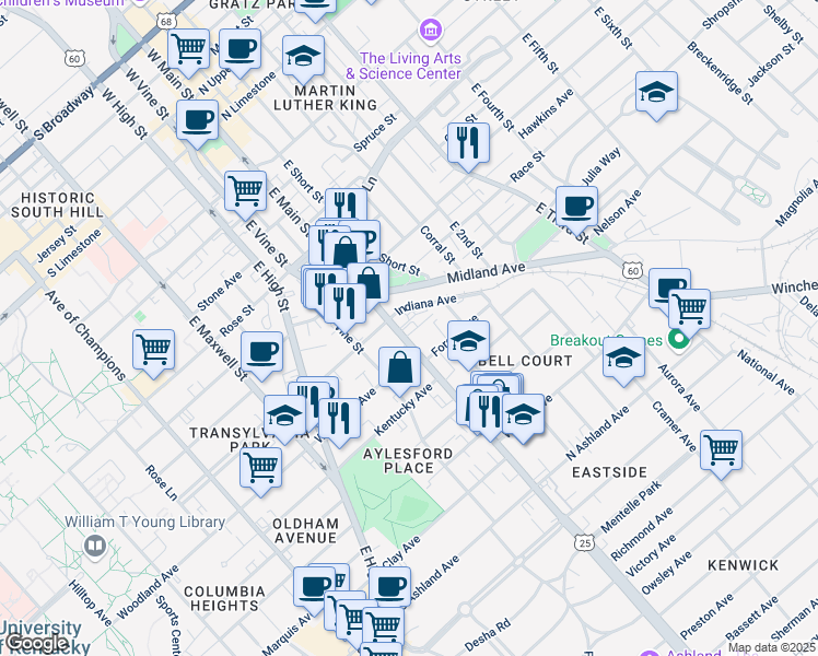 map of restaurants, bars, coffee shops, grocery stores, and more near 489 East Main Street in Lexington