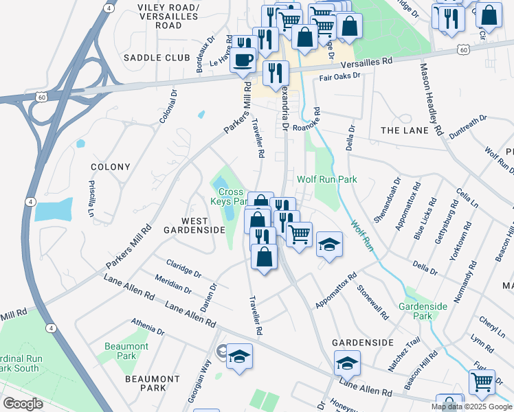 map of restaurants, bars, coffee shops, grocery stores, and more near 1708 Traveller Road in Lexington