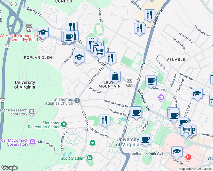 map of restaurants, bars, coffee shops, grocery stores, and more near 123 Cameron Lane in Charlottesville