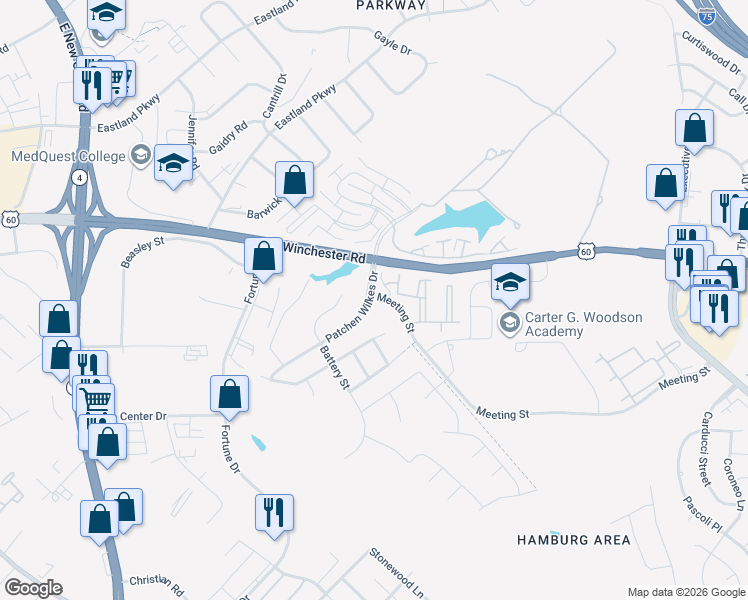 map of restaurants, bars, coffee shops, grocery stores, and more near 1800 Meeting Street in Lexington