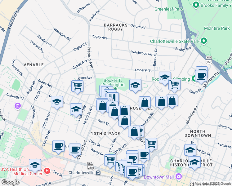 map of restaurants, bars, coffee shops, grocery stores, and more near 938 Henry Avenue in Charlottesville