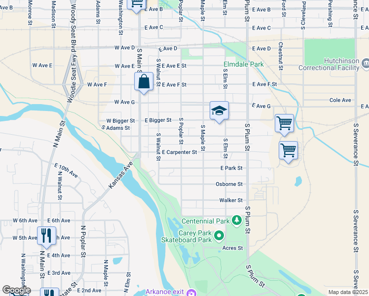 map of restaurants, bars, coffee shops, grocery stores, and more near 210 East Carpenter Street in Hutchinson