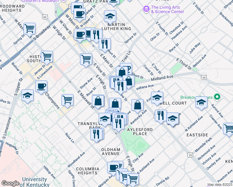 map of restaurants, bars, coffee shops, grocery stores, and more near 434 Old Vine Street in Lexington