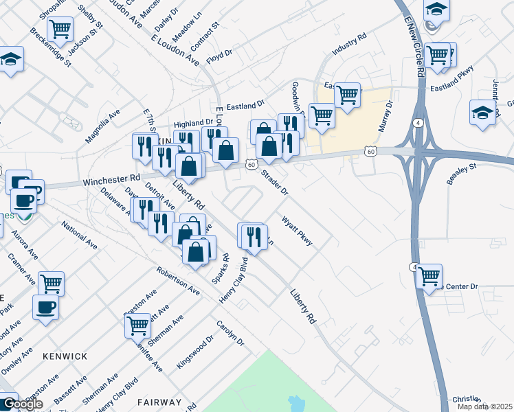 map of restaurants, bars, coffee shops, grocery stores, and more near 717 Statesman Way in Lexington