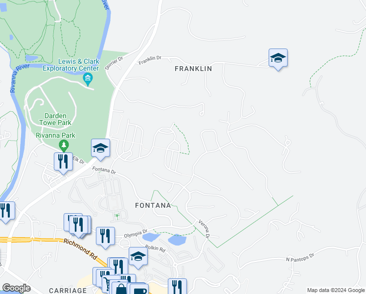 map of restaurants, bars, coffee shops, grocery stores, and more near 1833 Glissade Lane in Charlottesville