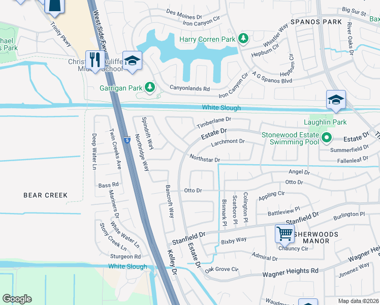 map of restaurants, bars, coffee shops, grocery stores, and more near 3616 Estate Drive in Stockton