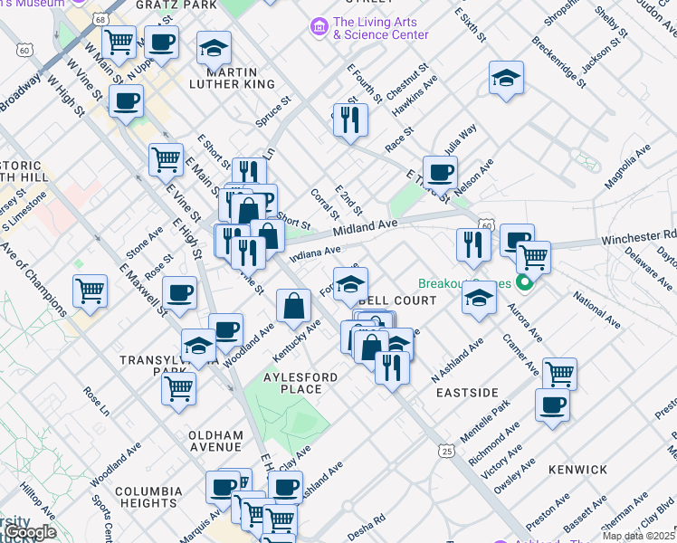map of restaurants, bars, coffee shops, grocery stores, and more near 137 Forest Avenue in Lexington
