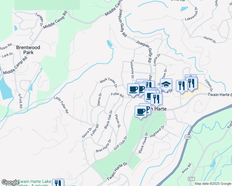 map of restaurants, bars, coffee shops, grocery stores, and more near 23010-23014 Fuller Road in Twain Harte
