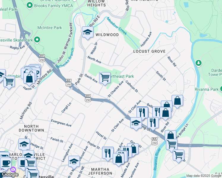 map of restaurants, bars, coffee shops, grocery stores, and more near 911 Saint Charles Avenue in Charlottesville