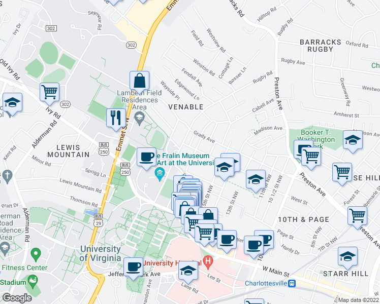 map of restaurants, bars, coffee shops, grocery stores, and more near 210 Rugby Road in Charlottesville