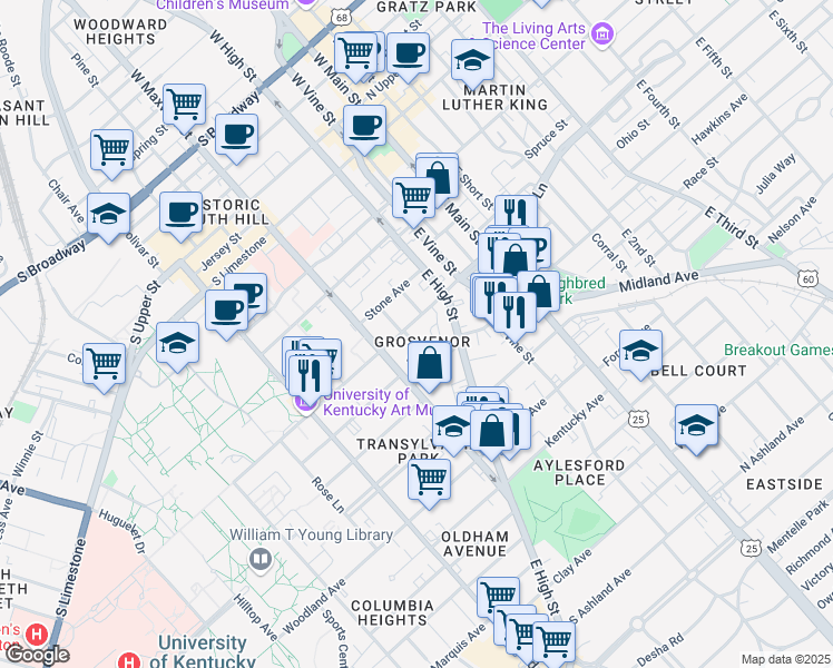 map of restaurants, bars, coffee shops, grocery stores, and more near 212 Rose Street in Lexington