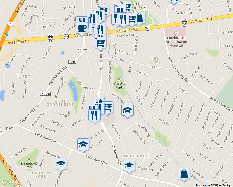 map of restaurants, bars, coffee shops, grocery stores, and more near 1674 Maywick View Lane in Lexington