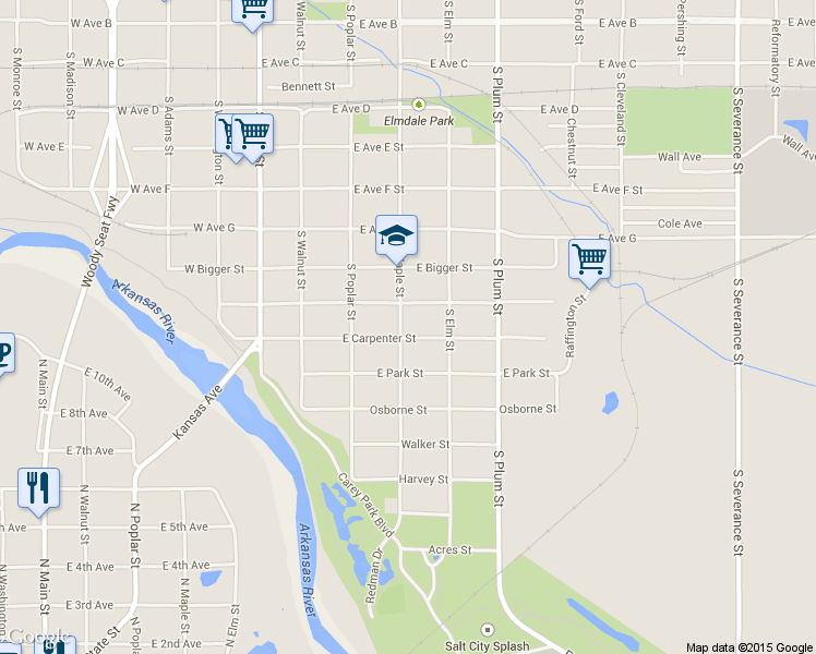 map of restaurants, bars, coffee shops, grocery stores, and more near 300 East Carpenter Street in Hutchinson