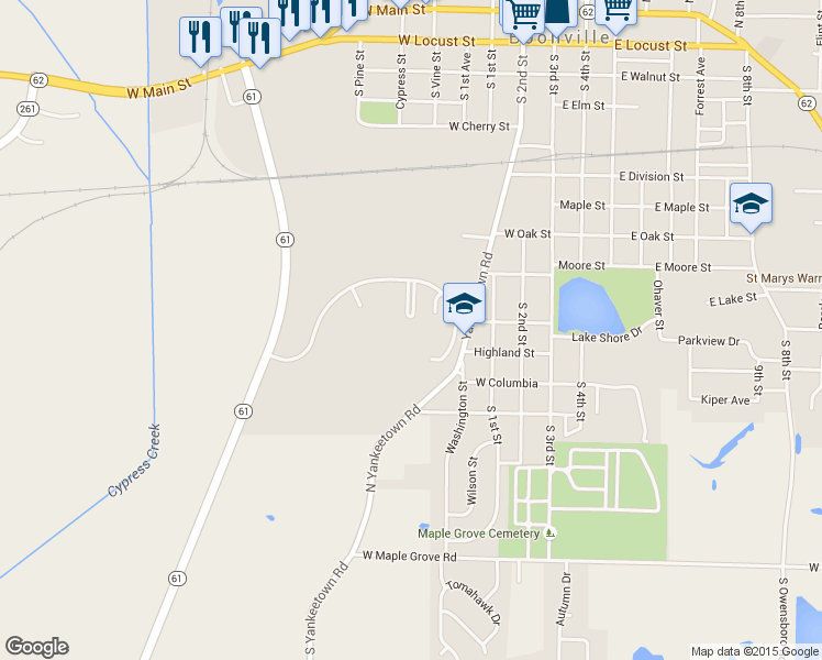 map of restaurants, bars, coffee shops, grocery stores, and more near 555 North Yankeetown Road in Boonville