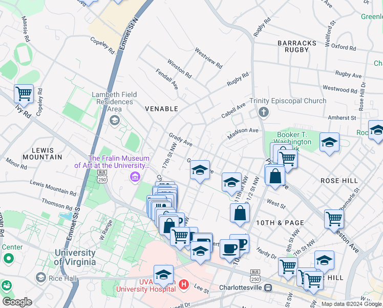 map of restaurants, bars, coffee shops, grocery stores, and more near 508 16th Street Northwest in Charlottesville