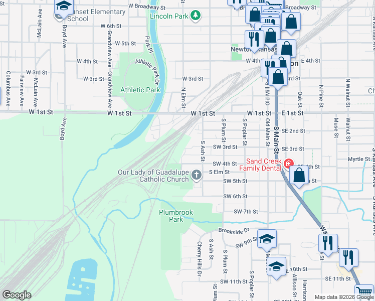 map of restaurants, bars, coffee shops, grocery stores, and more near 400B Southwest 4th Street in Newton