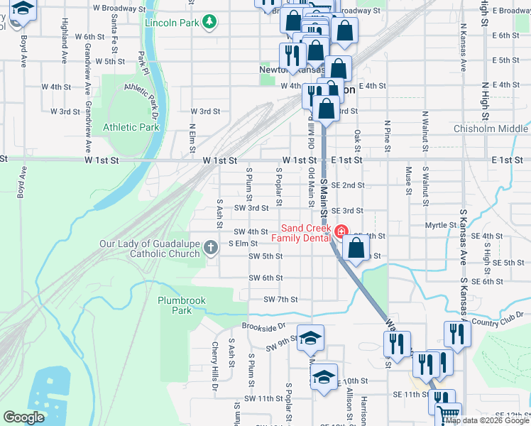 map of restaurants, bars, coffee shops, grocery stores, and more near 213 Southwest 3rd Street in Newton