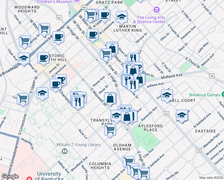 map of restaurants, bars, coffee shops, grocery stores, and more near 212 Rose Street in Lexington